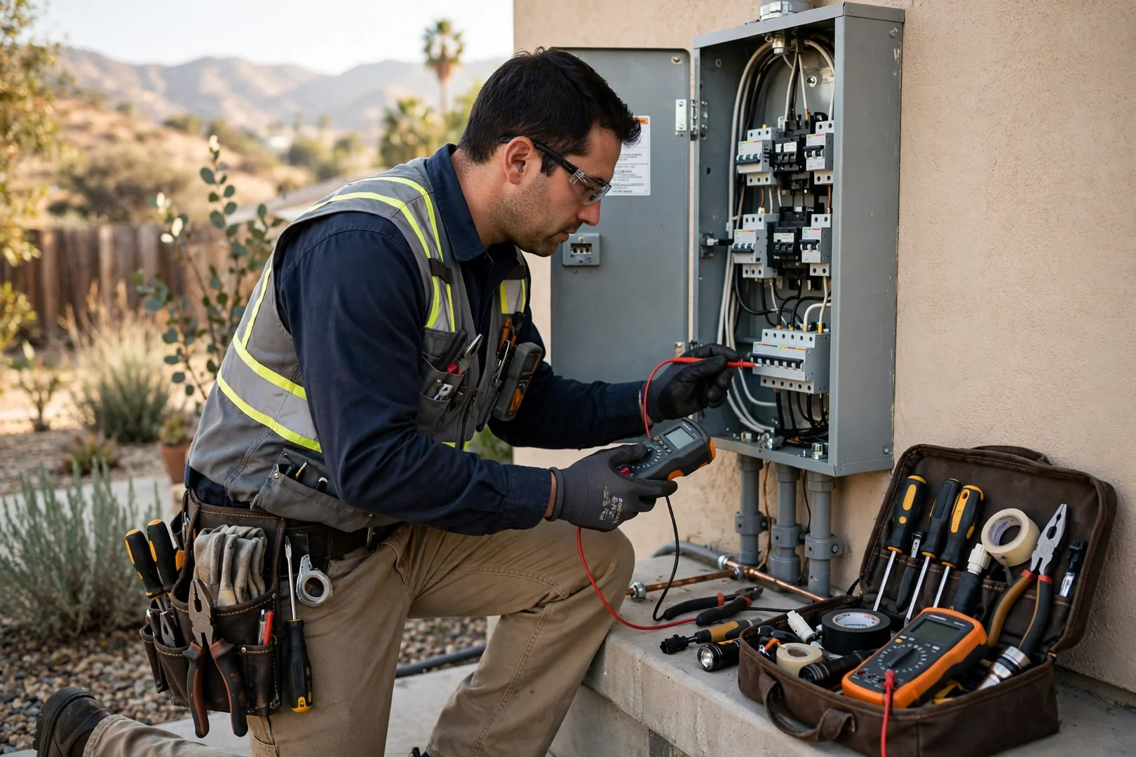 Electrician reviewing standby generator placement beside a Fontana home before installation