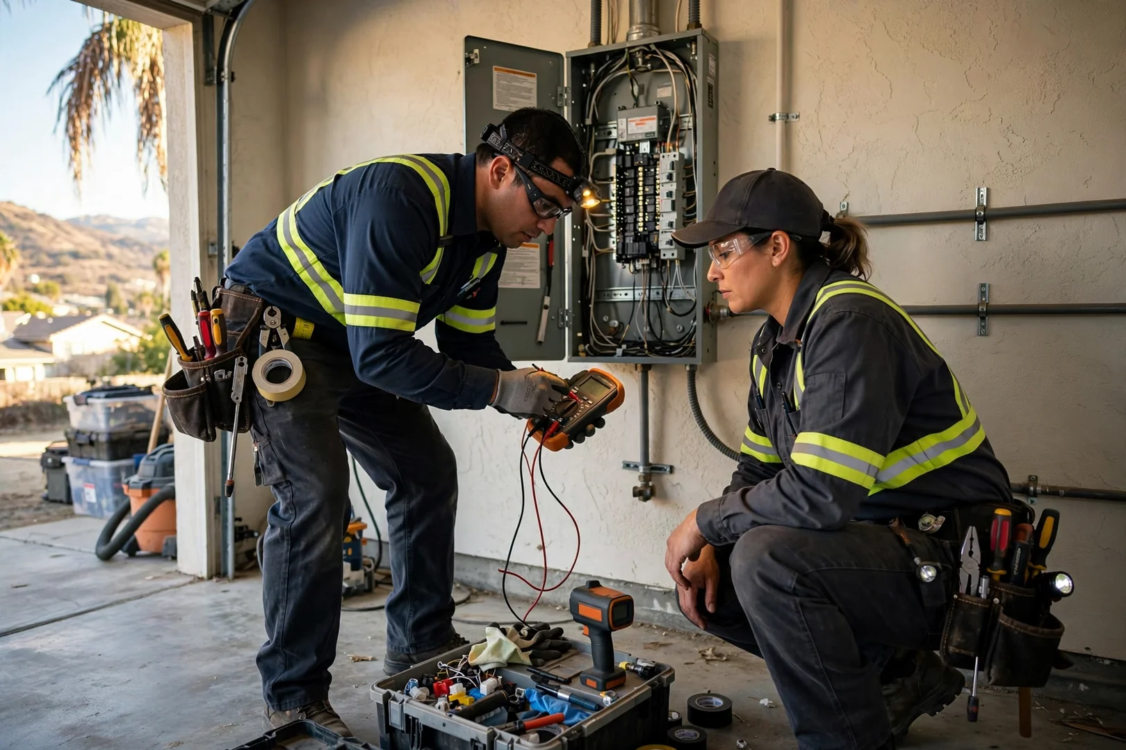 Technician wiring an automatic transfer switch beside a standby generator at a Fontana home