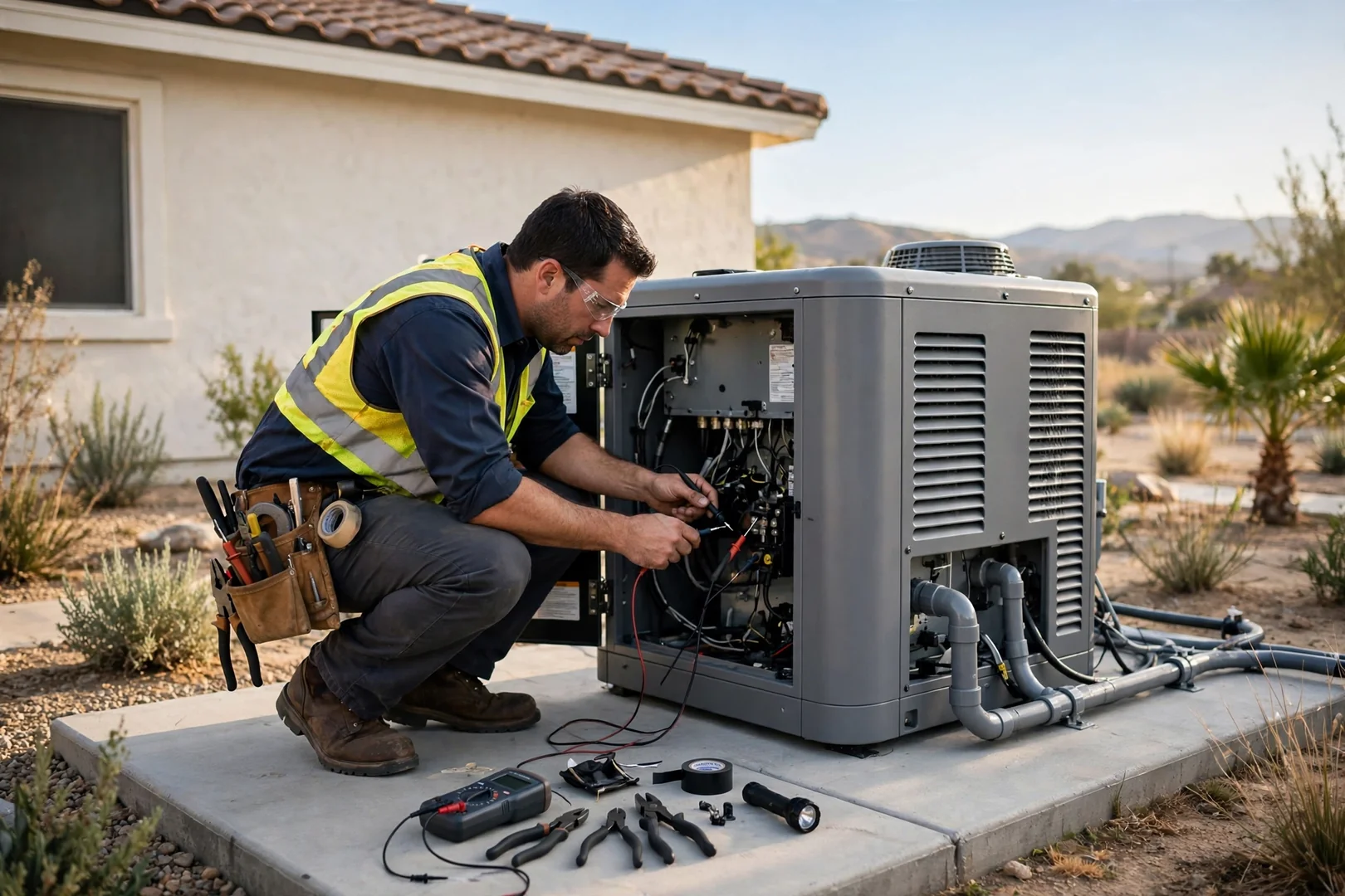 Standby generator installed on a level concrete pad beside a Fontana residential home