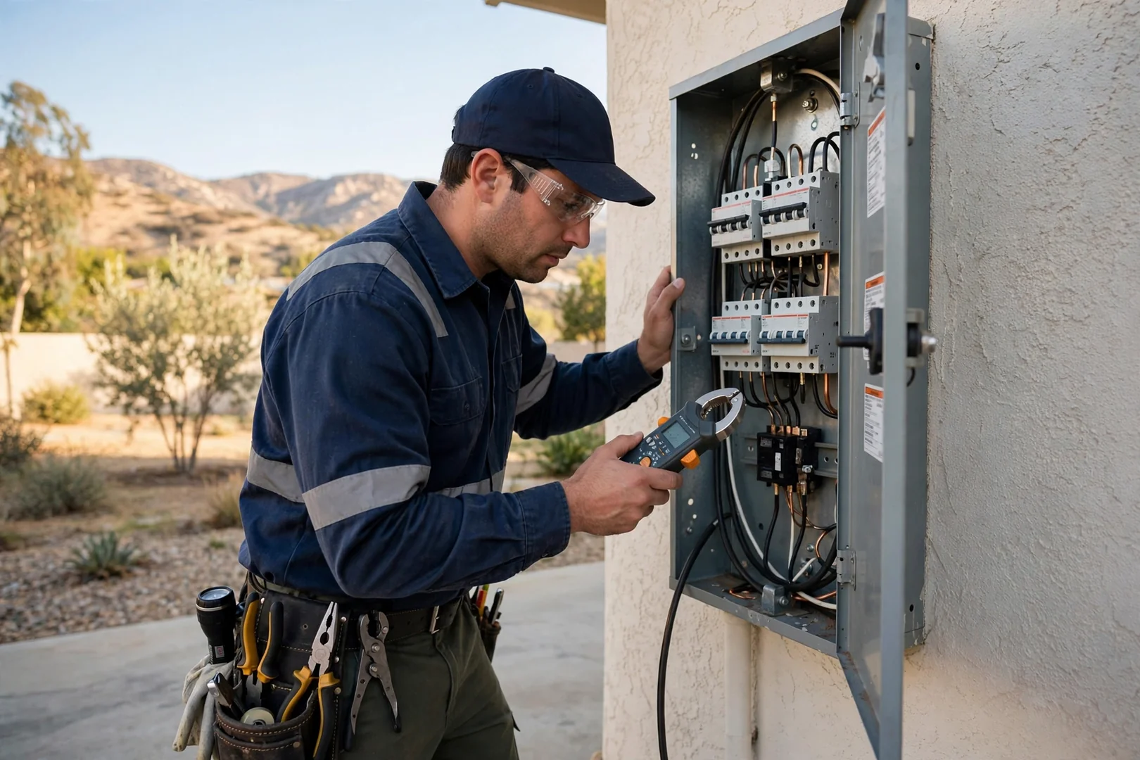 Electrician checking panel breaker capacity before sizing a backup power system