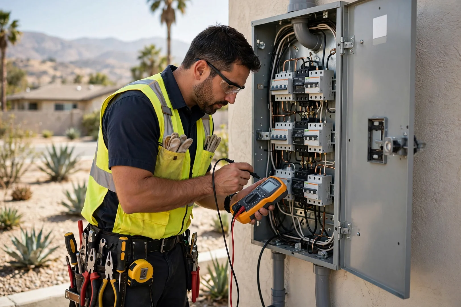 Electrician testing automatic transfer switch wiring during a home standby generator installation