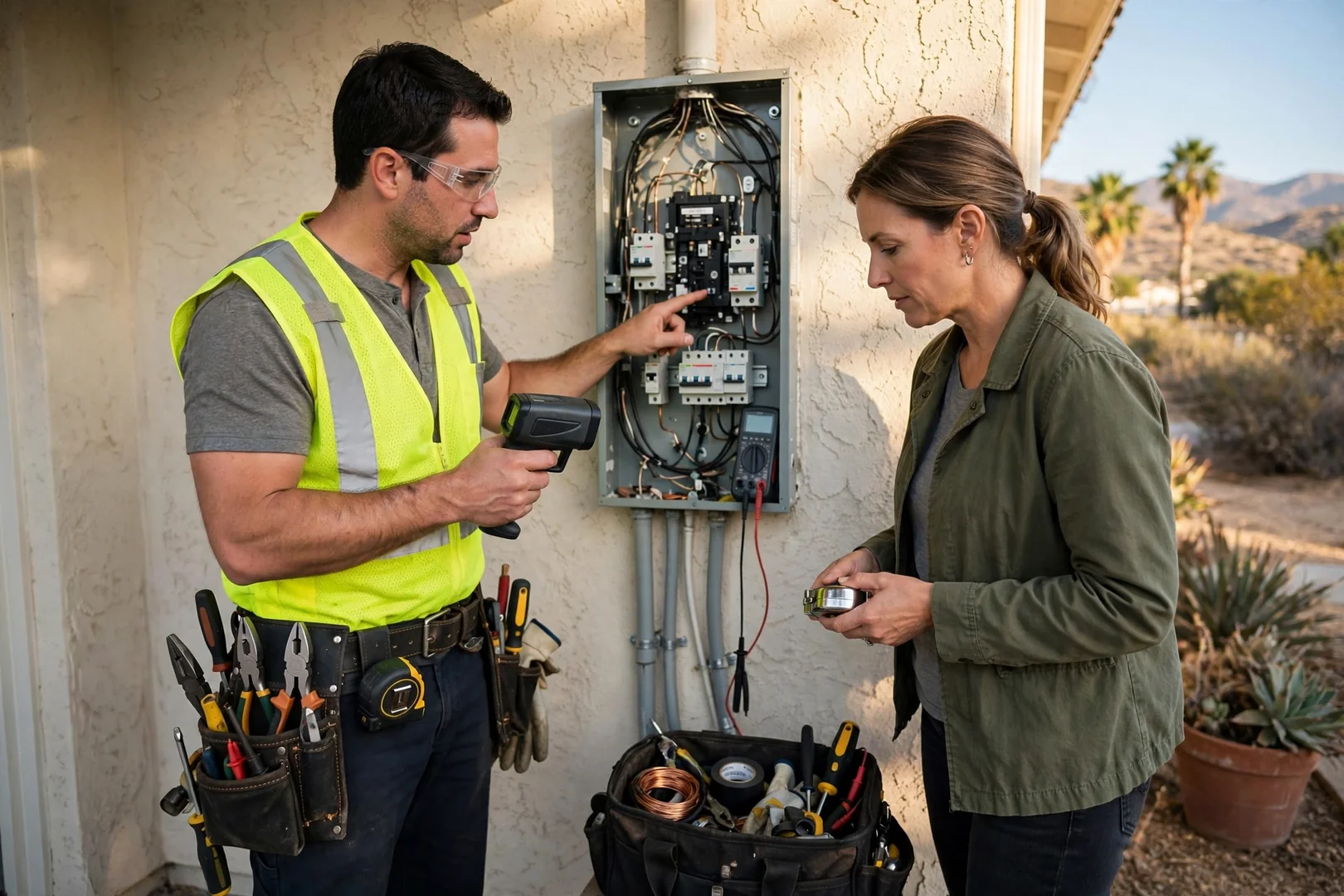 Electrician reviewing a written estimate for GFCI outlet work in a Fontana kitchen