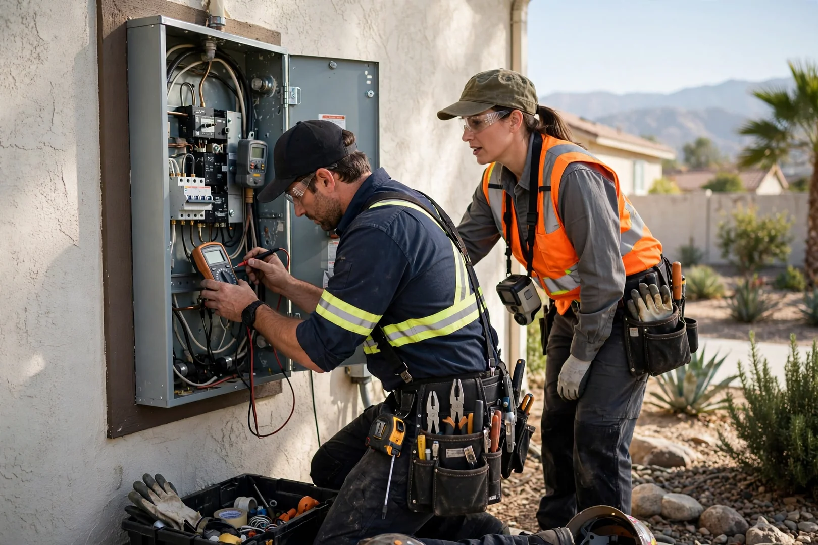 Electrician terminating conductors on a new GFCI receptacle in a Fontana kitchen