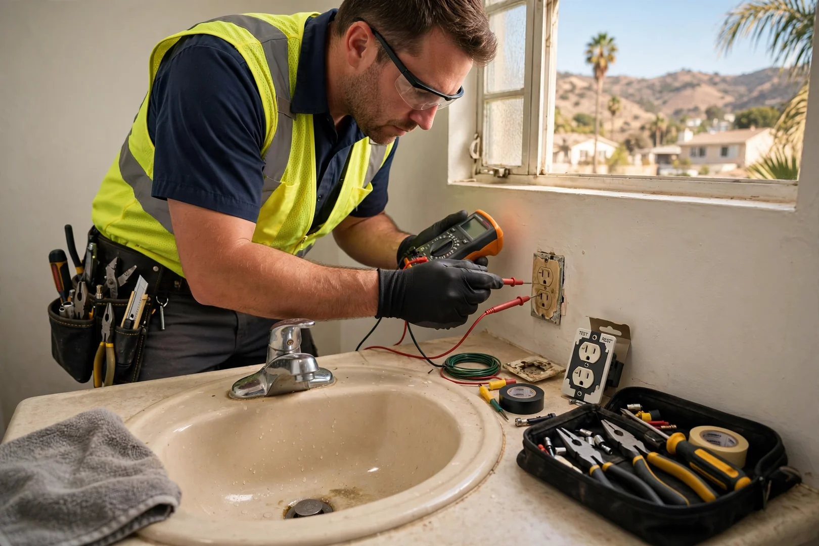 Worn ungrounded outlet beside a bathroom sink awaiting ground-fault protection upgrade