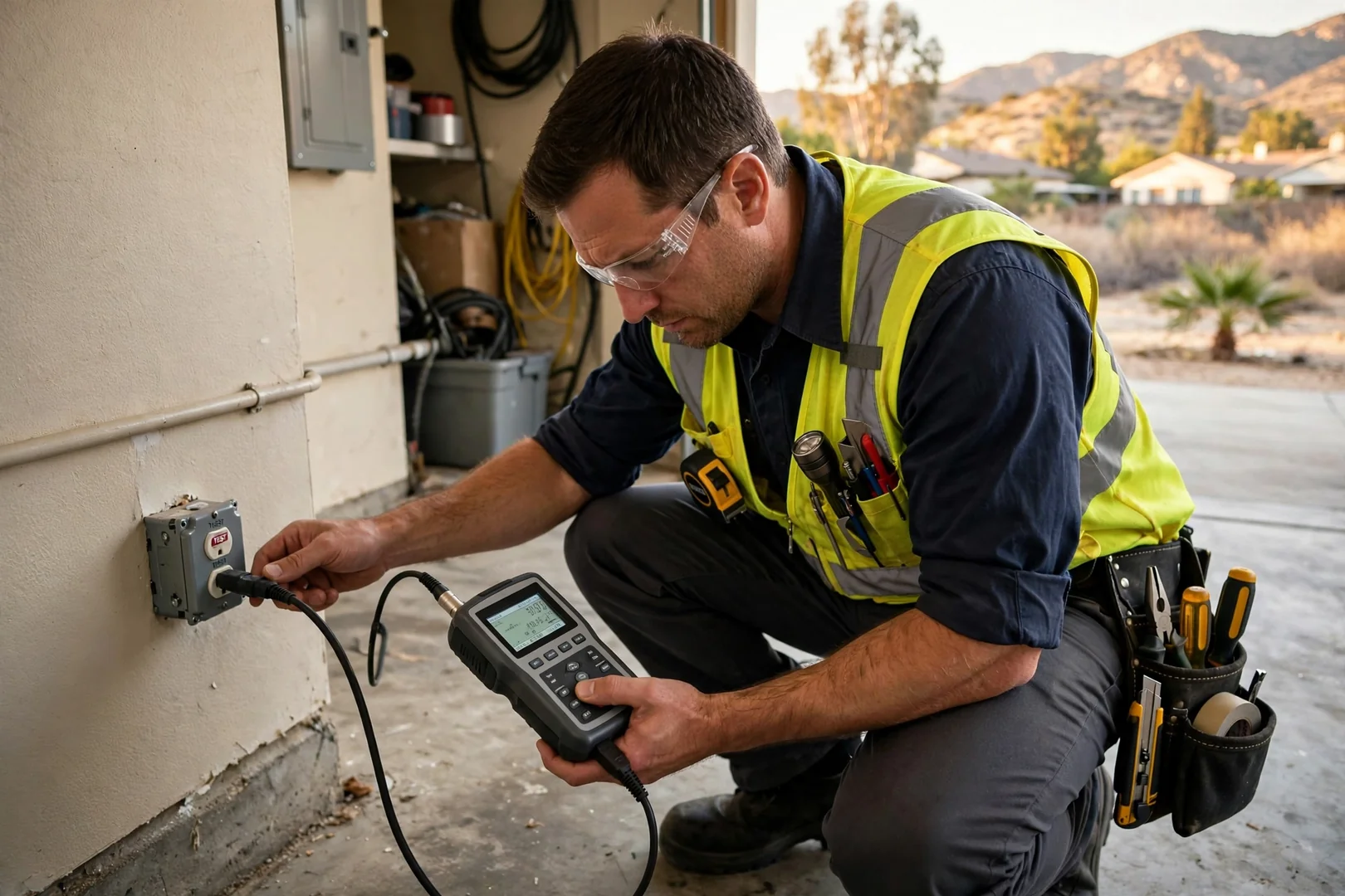 Technician trip testing a garage GFCI receptacle with a professional circuit analyzer
