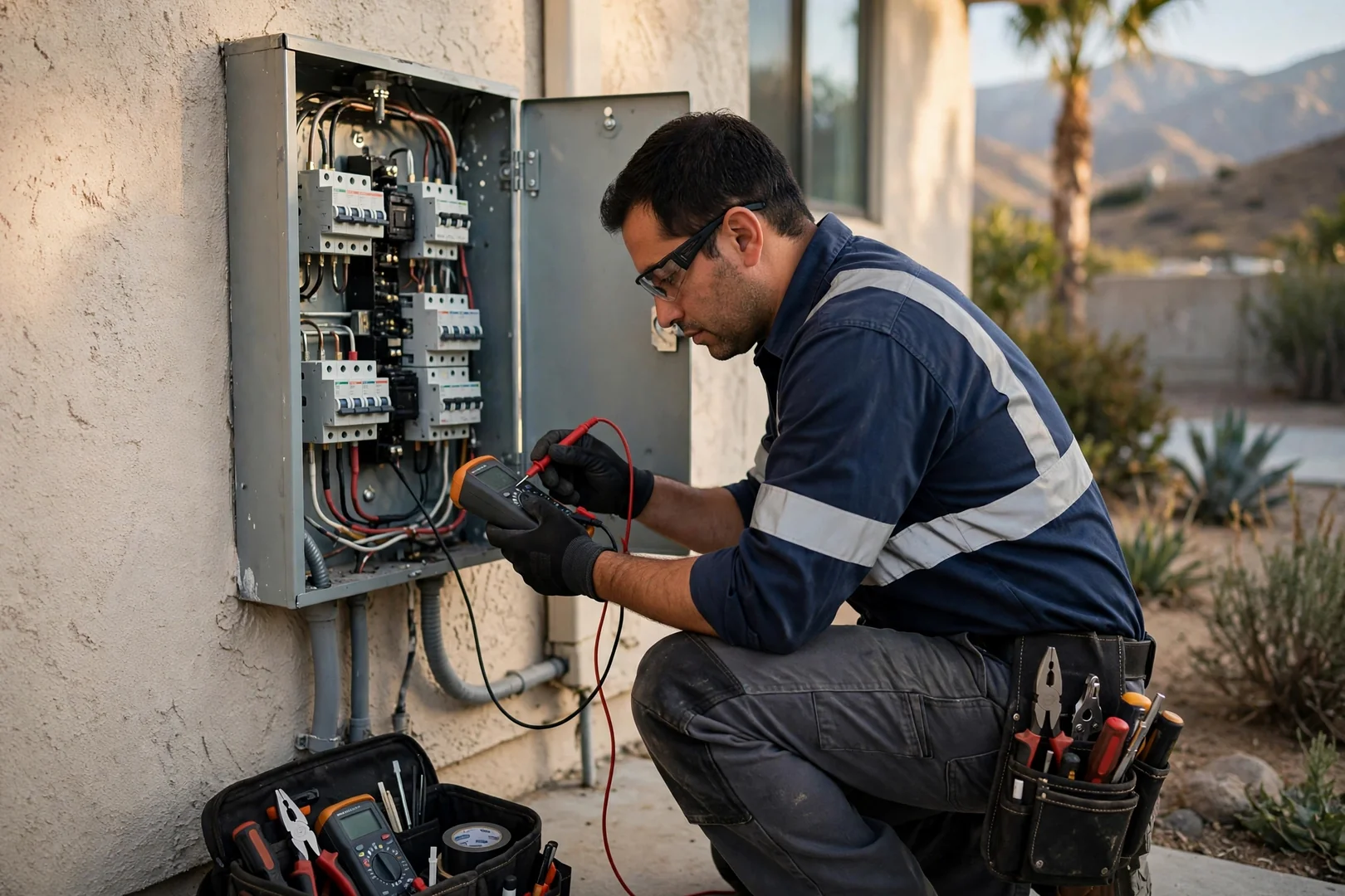 Electrician testing a newly installed GFCI outlet with a receptacle analyzer in a Fontana kitchen
