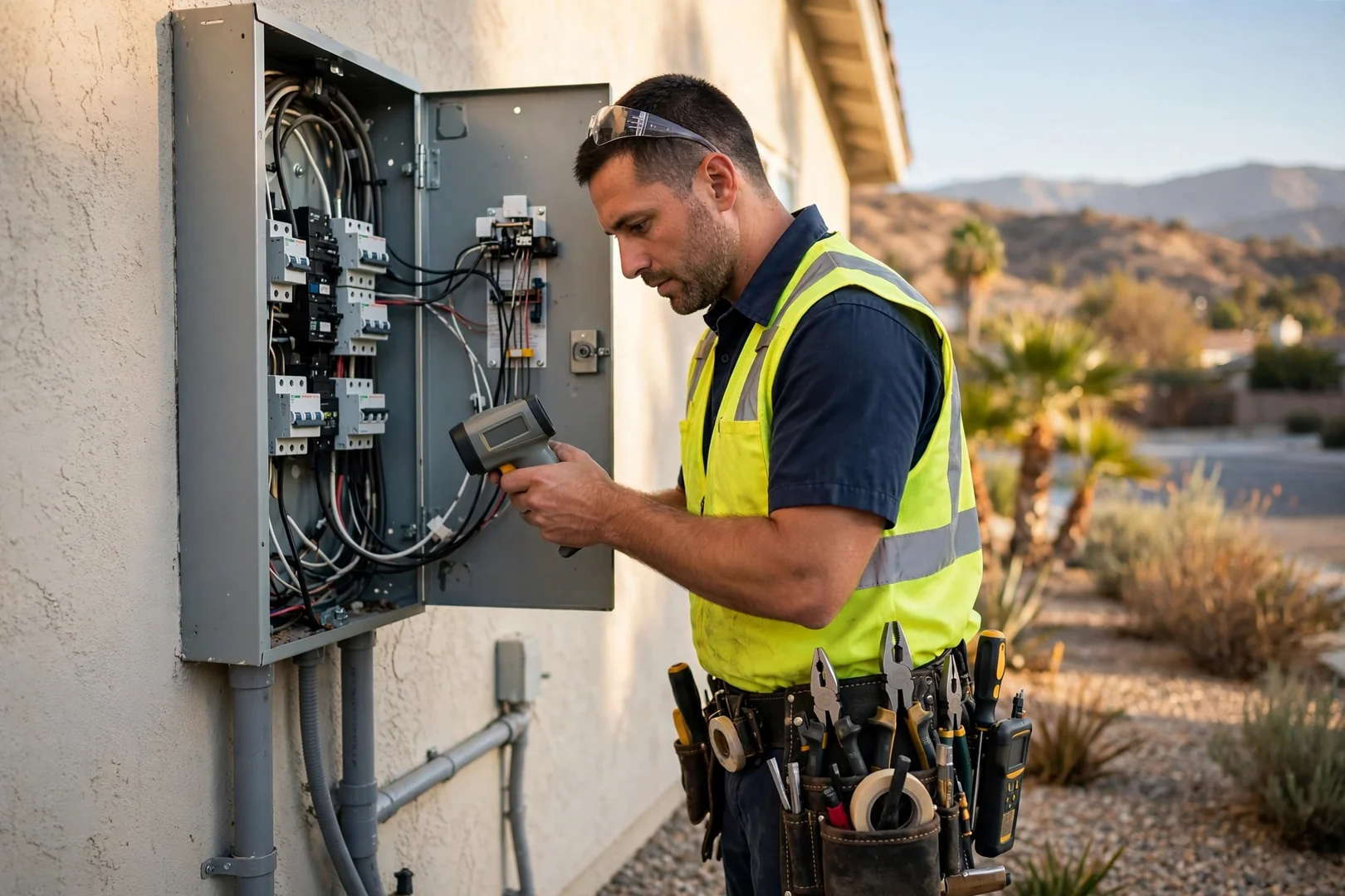 Electrician reviewing a written rewiring estimate beside an open residential service panel