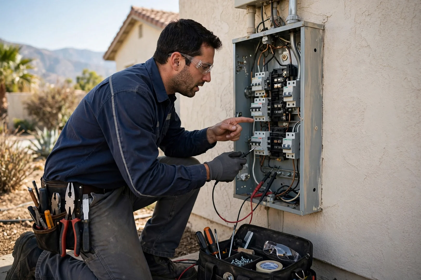 Licensed electrician routing new copper branch circuit cable inside a Fontana home wall cavity