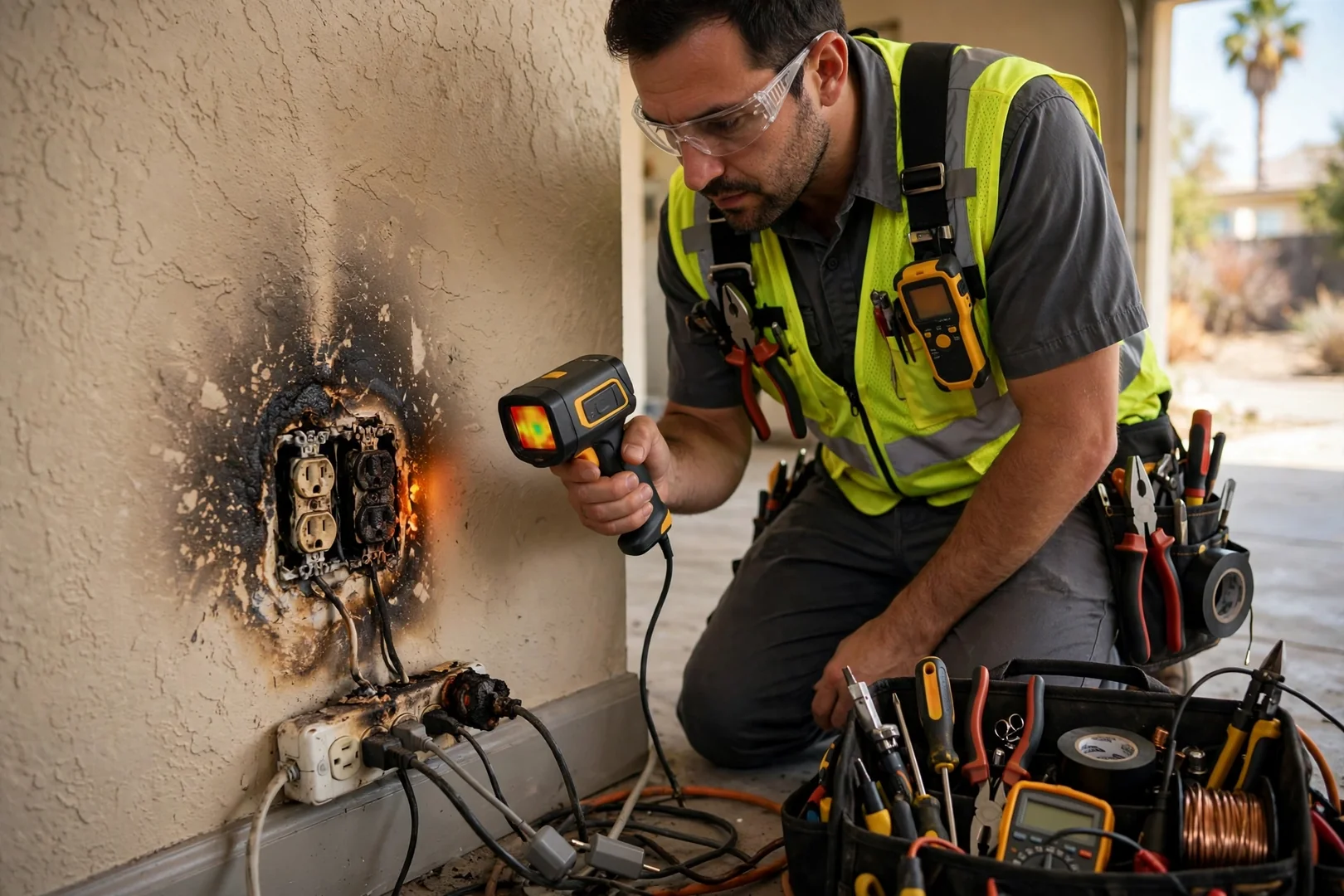 Overloaded outlet with scorched faceplate signaling the need for full house rewiring