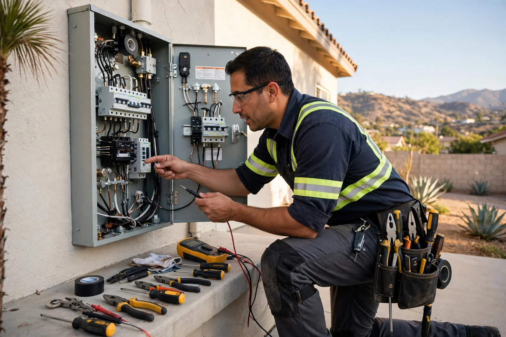 Electrician labeling new branch circuits in a residential panel during a Fontana house rewiring