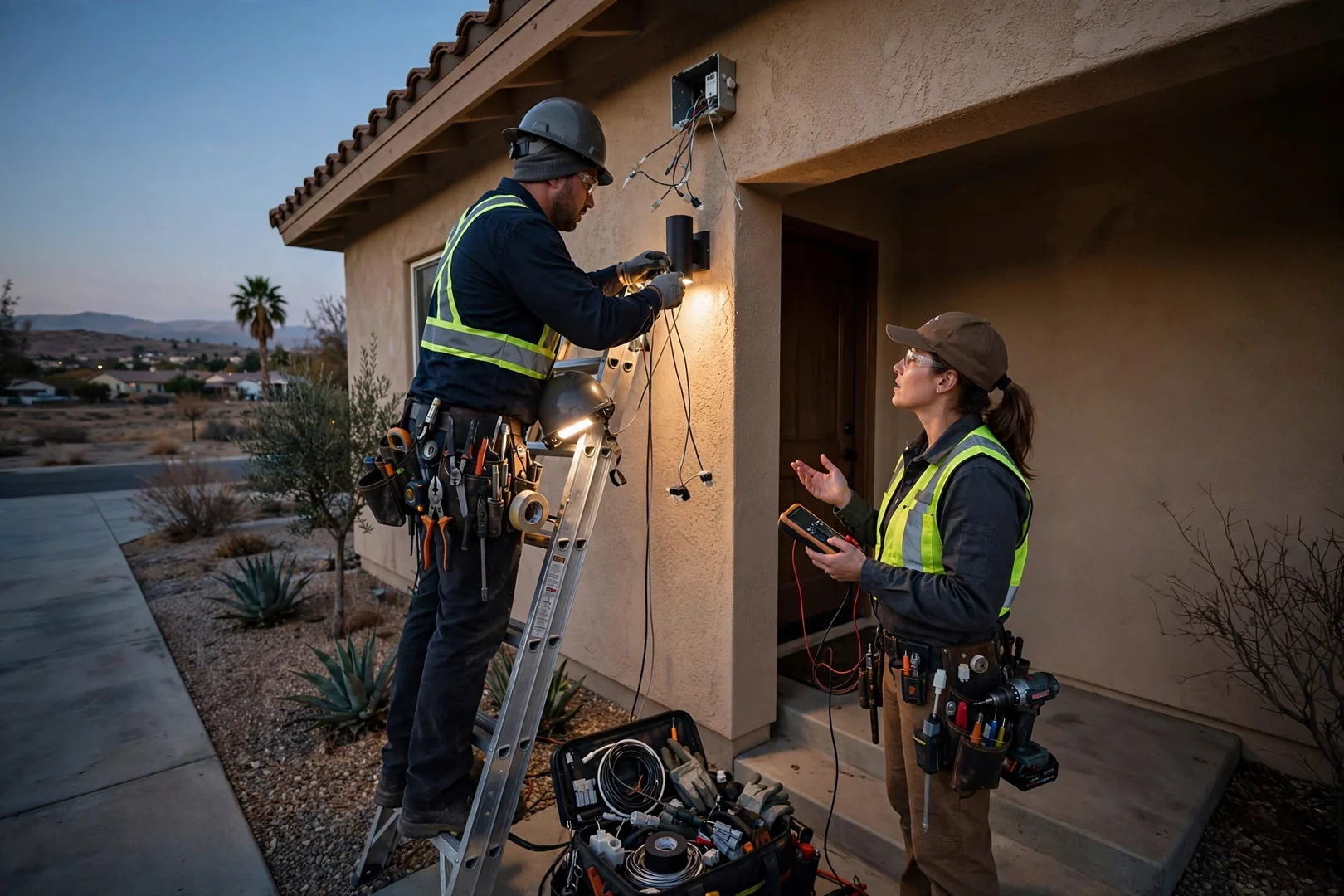 Dimly lit home entryway and driveway needing upgraded exterior lighting in Fontana