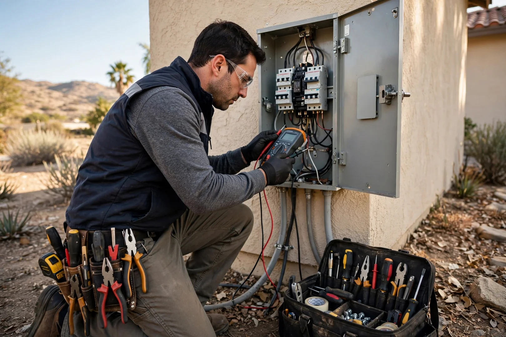 Electrician reviewing receptacle placement and panel capacity notes in a Fontana home