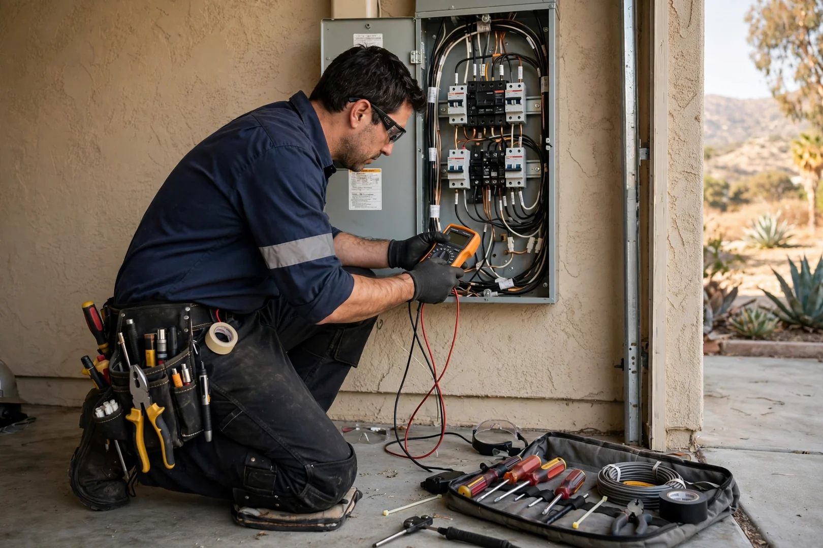 Electrician preparing tools and wiring supplies for an outlet installation in a Fontana home