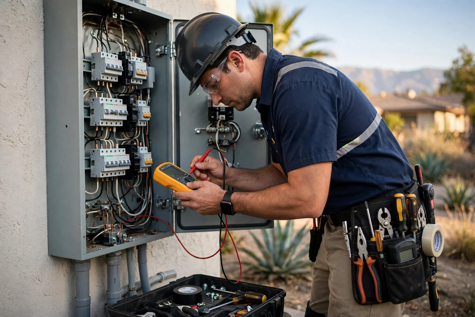 Electrician terminating conductors inside a wall box during outlet installation in a Fontana home