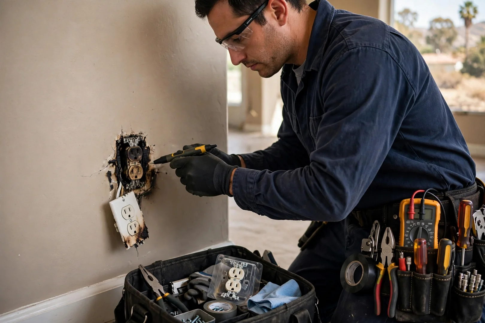 Damaged wall receptacle showing scorching and loose faceplate before replacement work begins