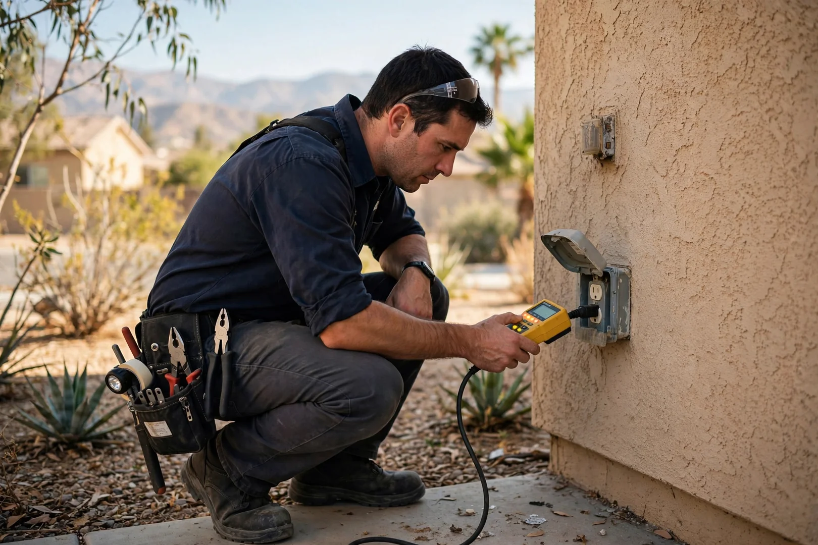 Technician testing receptacle polarity and grounding with a circuit analyzer in Fontana