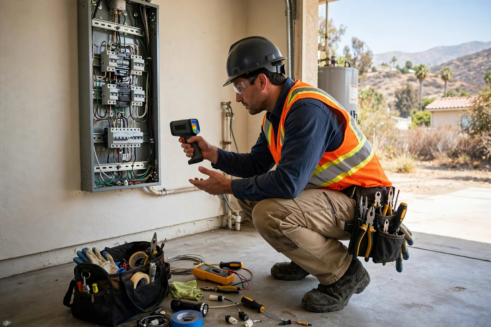 Electrician testing a newly installed wall outlet with a receptacle analyzer in a Fontana home
