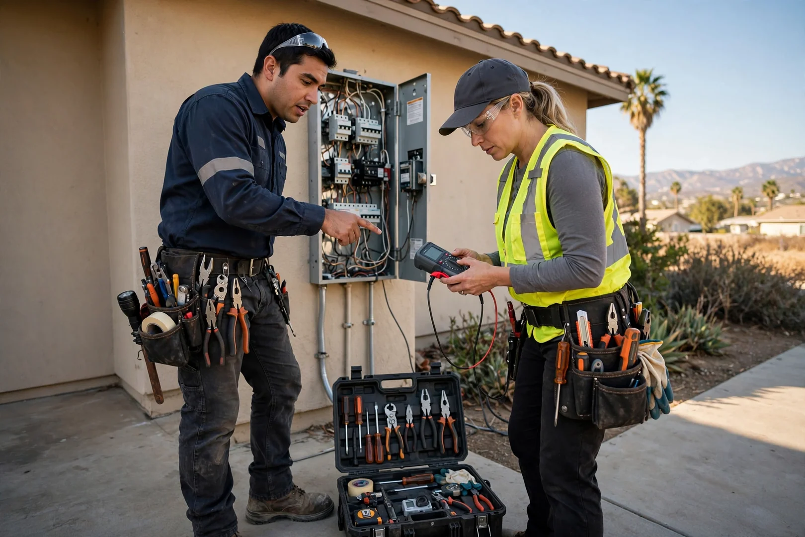 Electrician measuring voltage at an open residential electrical panel during a surge protector cost assessment