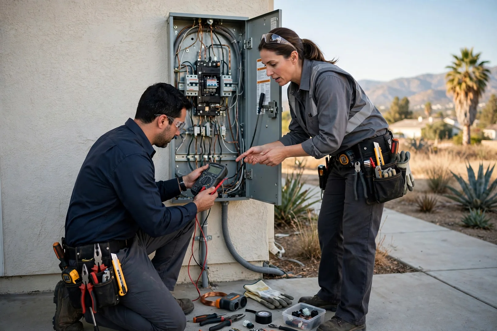 Electrician reviewing surge protection options with a homeowner beside a residential service panel