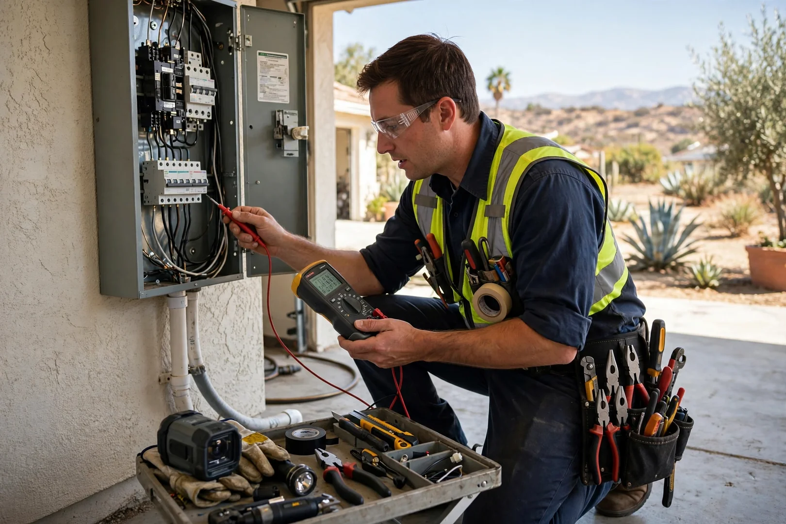 Electrician mounting a whole-home surge protection device beside a residential service panel
