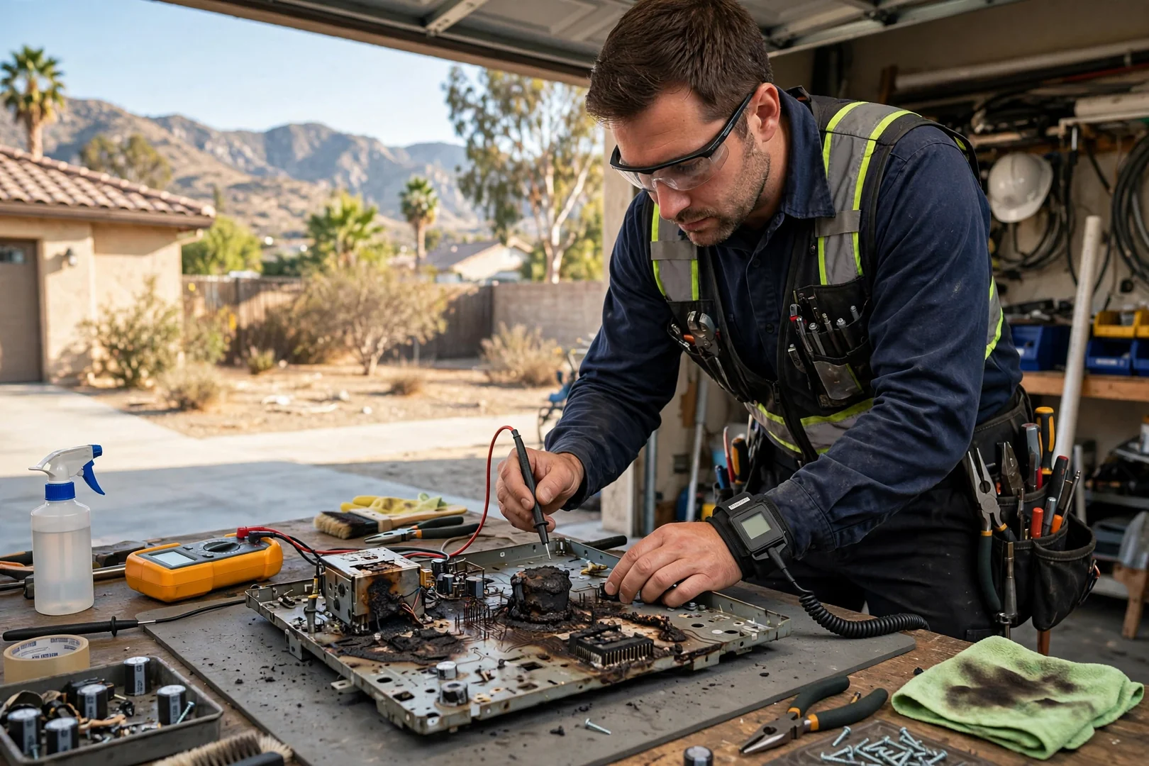 Damaged appliance control board removed after a voltage spike in a Fontana home