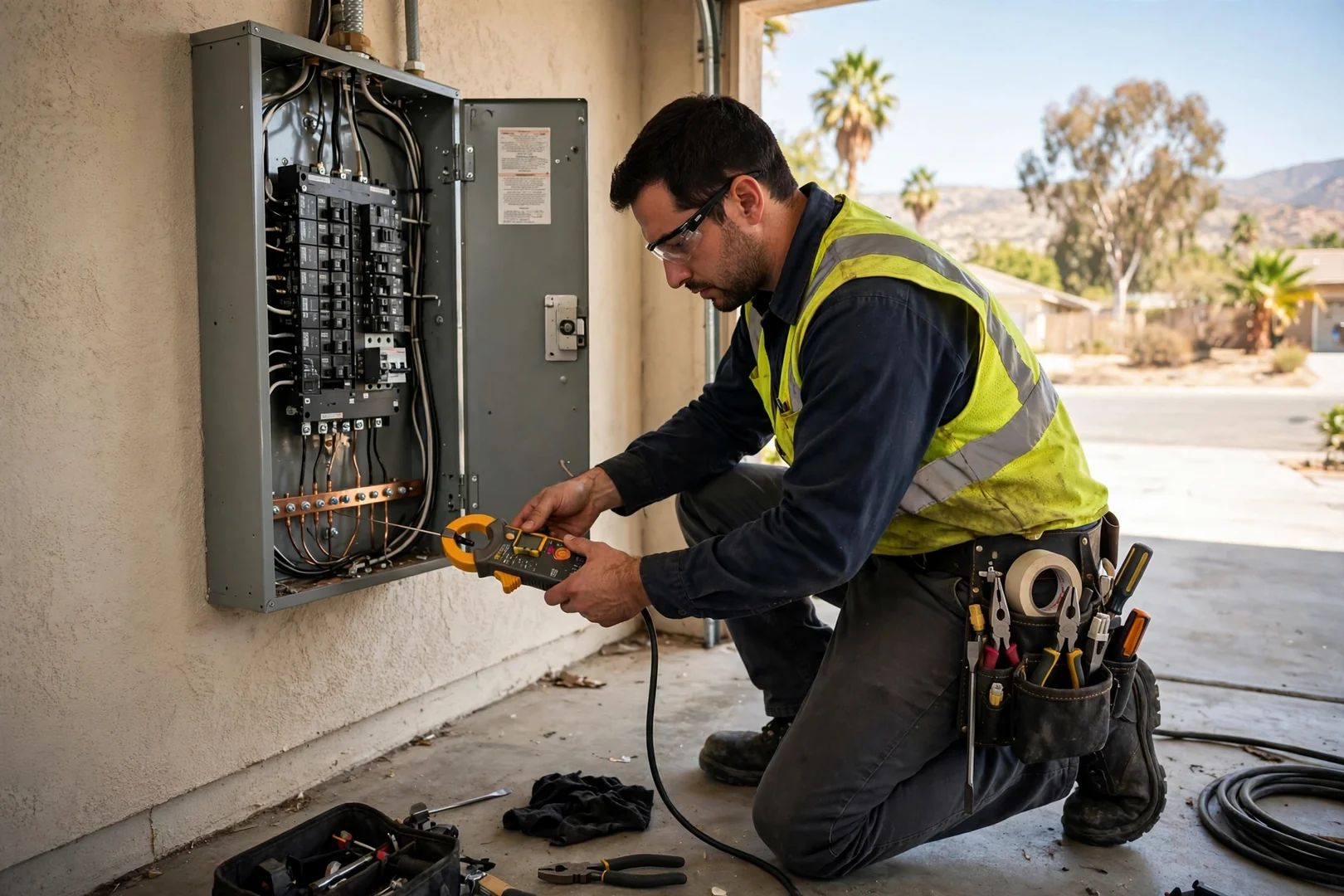 Technician testing grounding continuity at a residential load center with a clamp meter