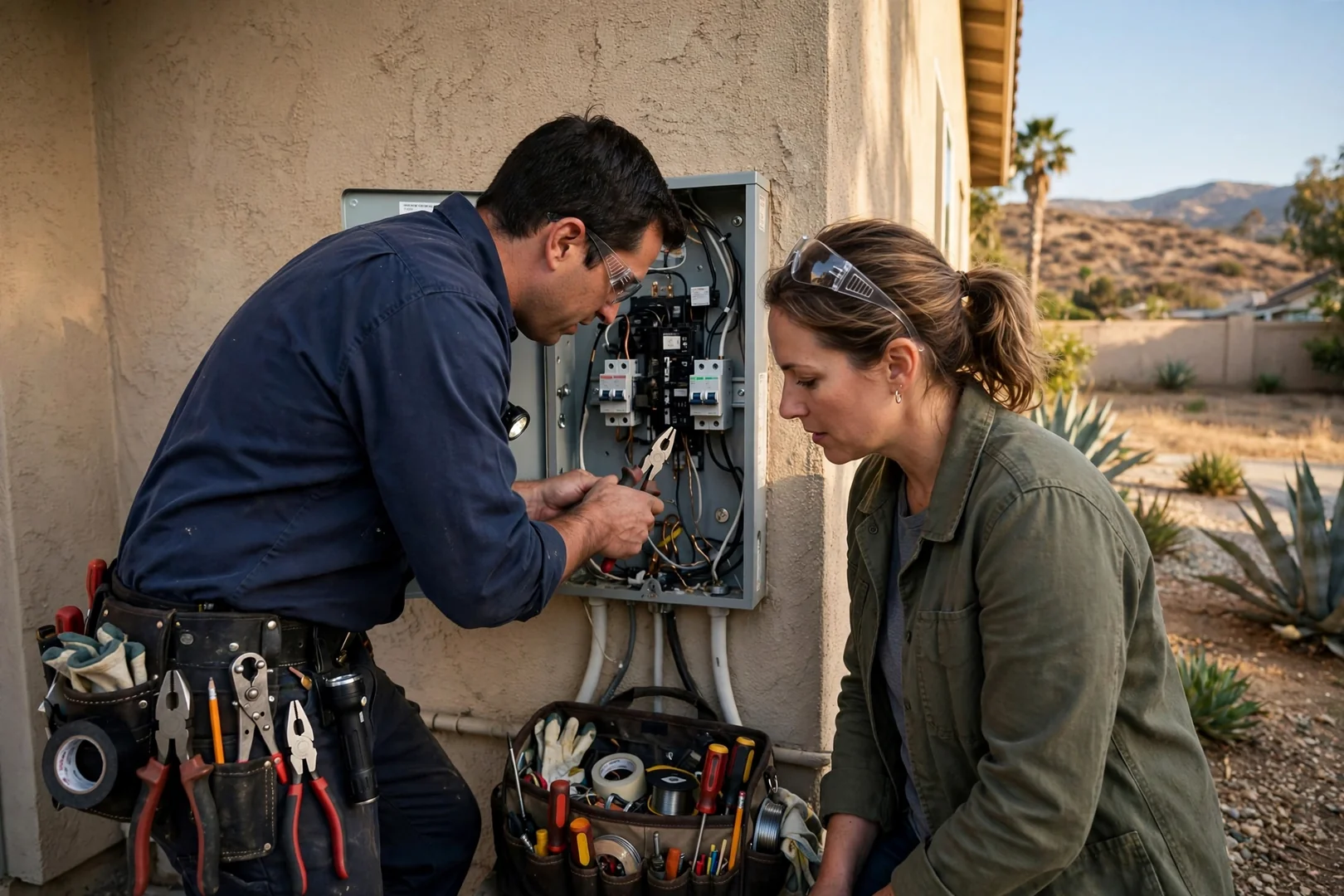 Electrician mounting a whole-home surge protective device inside a residential panel in Fontana